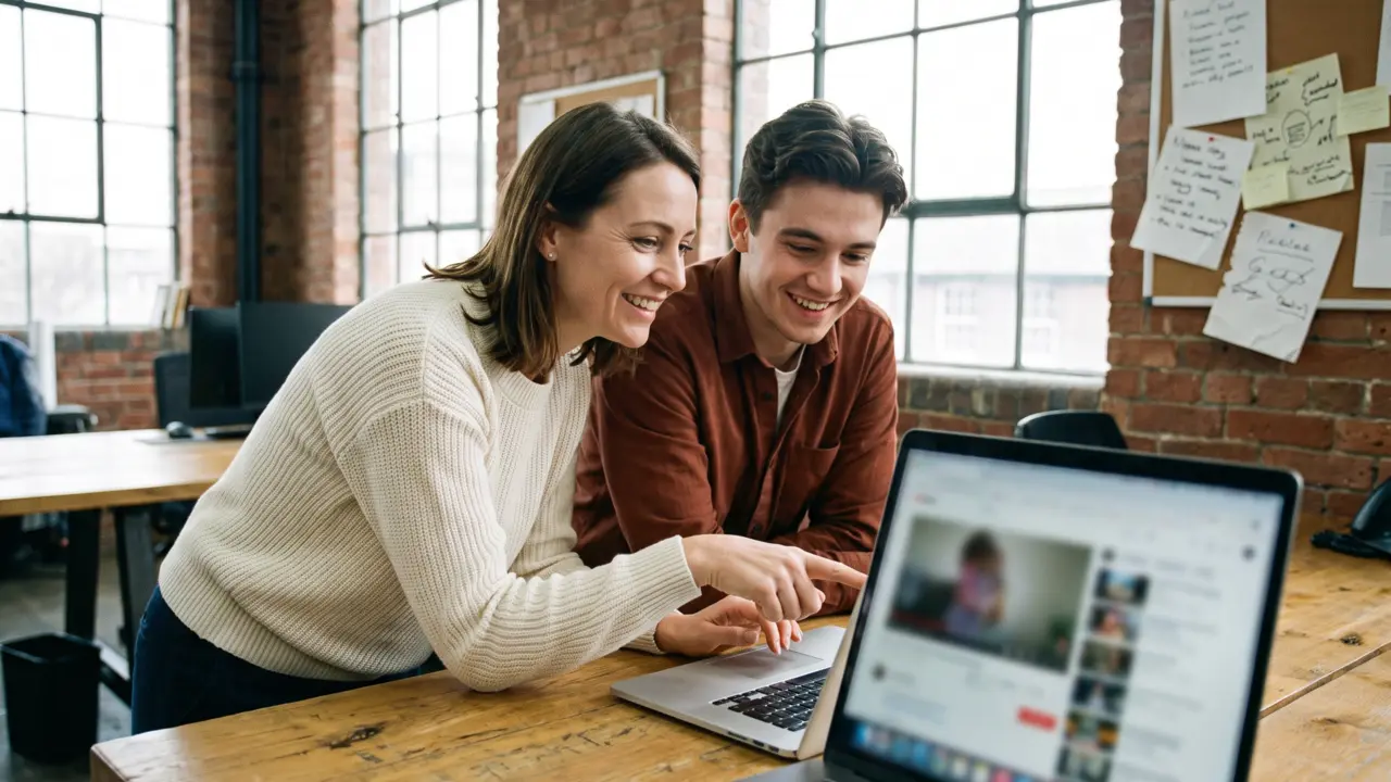 Two agency teammates reviewing a video on one laptop.