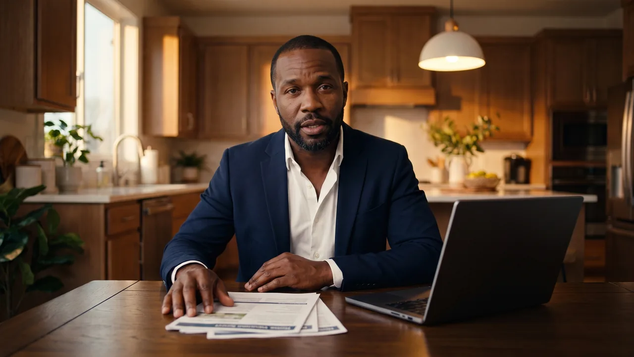The same agent at a kitchen table with a home valuation report, talking to sellers.