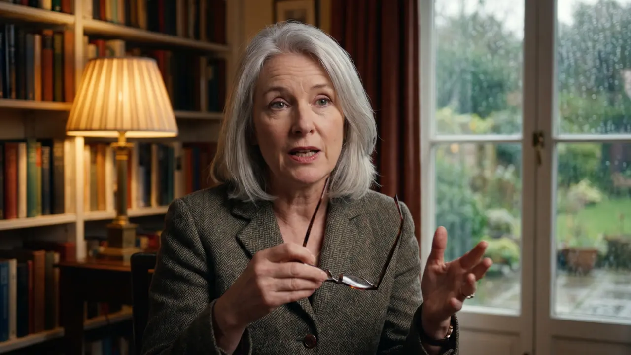 An author talking to the camera in a study lined with books.