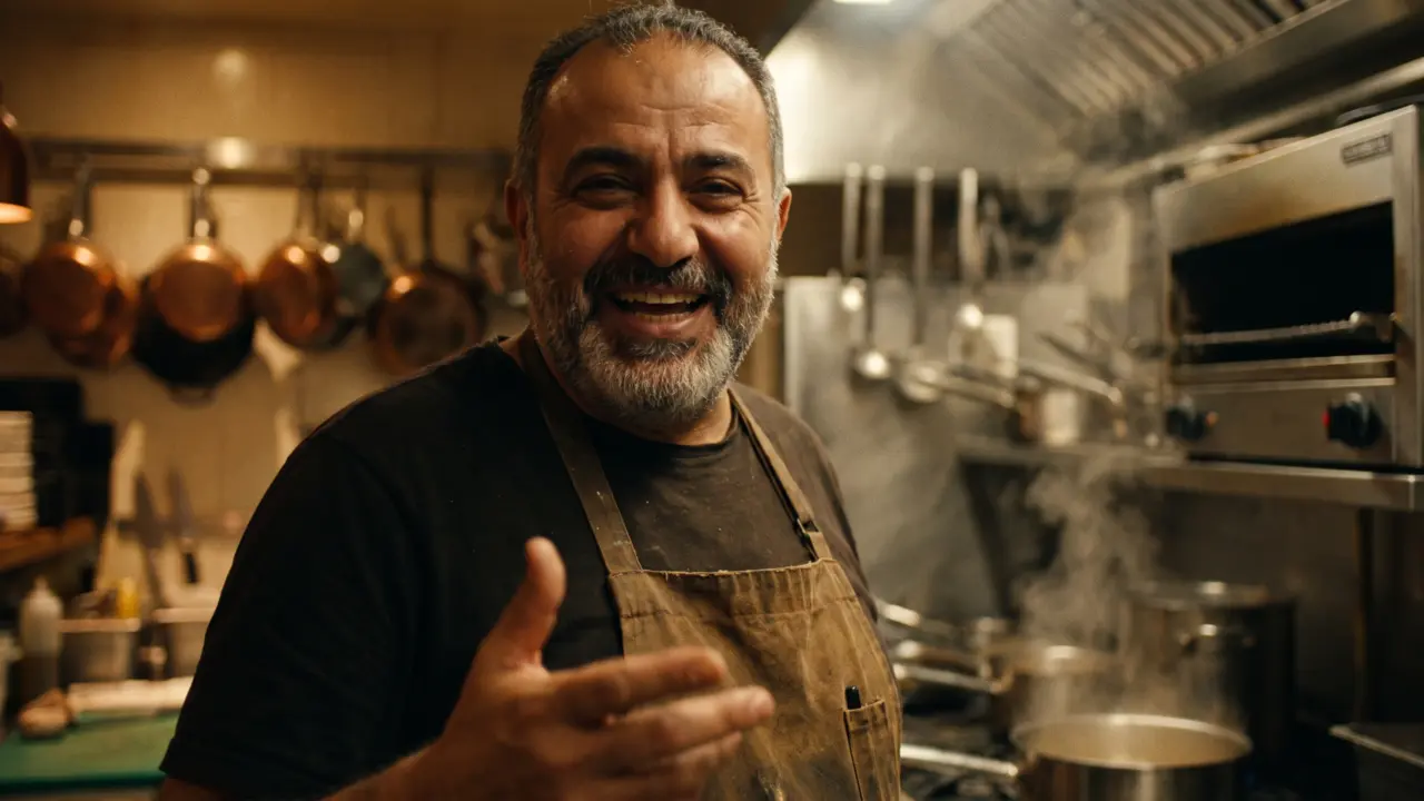 A chef and restaurant owner talking to the camera in his kitchen.