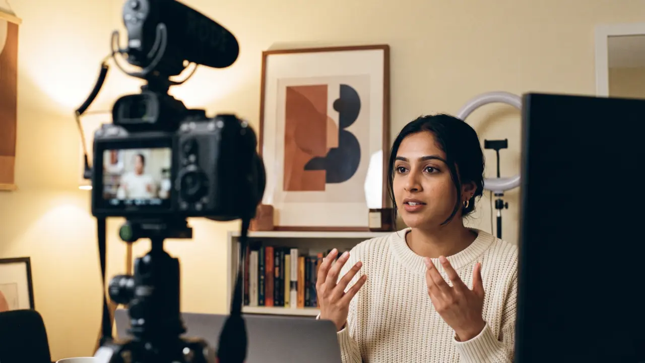 A course creator recording a lesson in a small home studio.