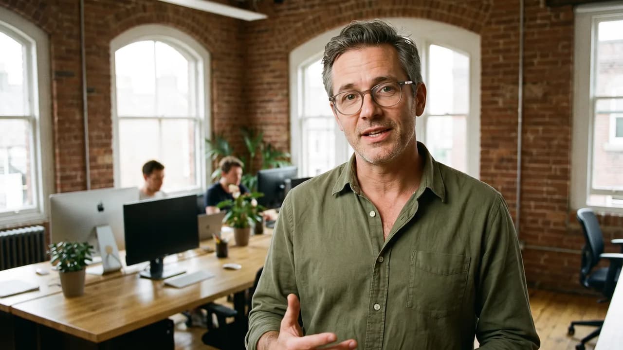 An agency owner in a converted-warehouse office, speaking to the camera.
