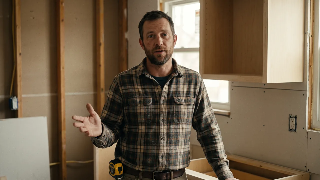 A contractor in a half-renovated kitchen, explaining a job to the camera.