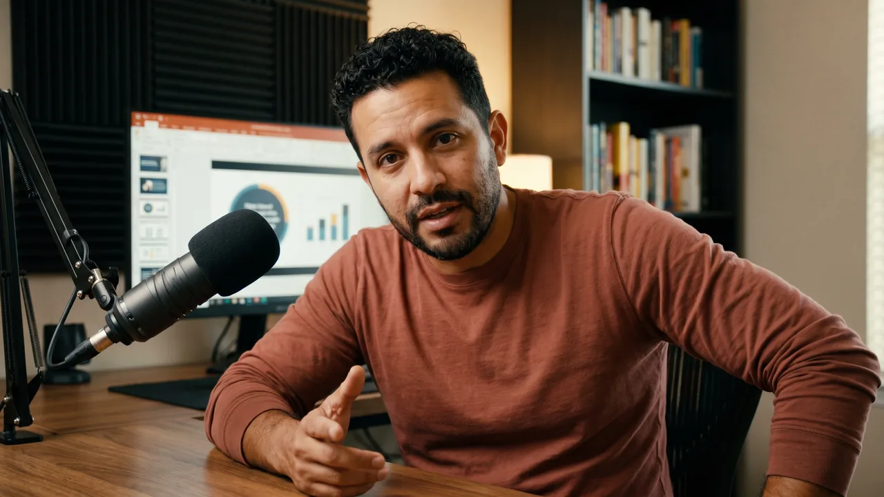 A course creator at a home studio desk with a microphone, teaching to the camera.