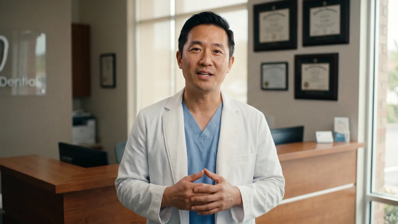 A dentist in scrubs at the front desk of his practice, talking to the camera.