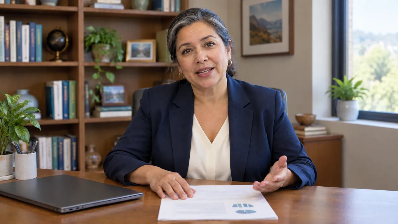 A financial advisor in a navy blazer at her desk, one hand on a printed plan, talking plainly to the camera.