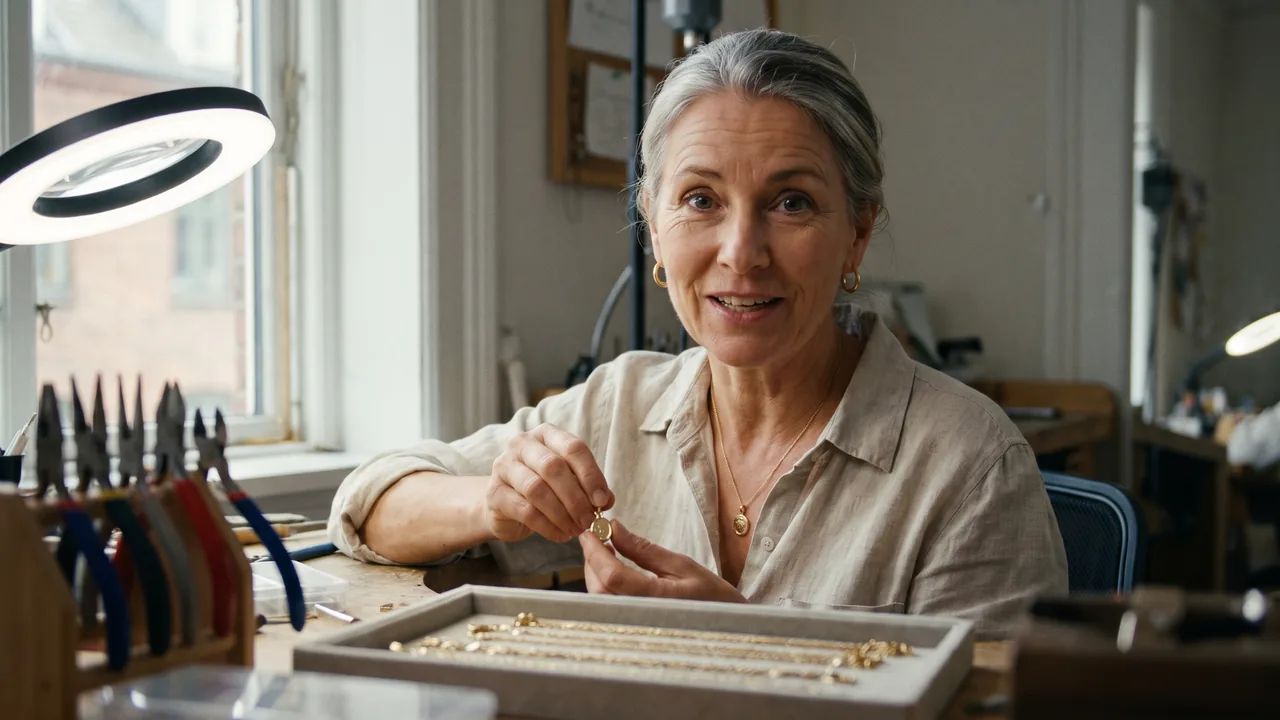 A jeweler at her workbench holding up a finished pendant, talking to the camera.