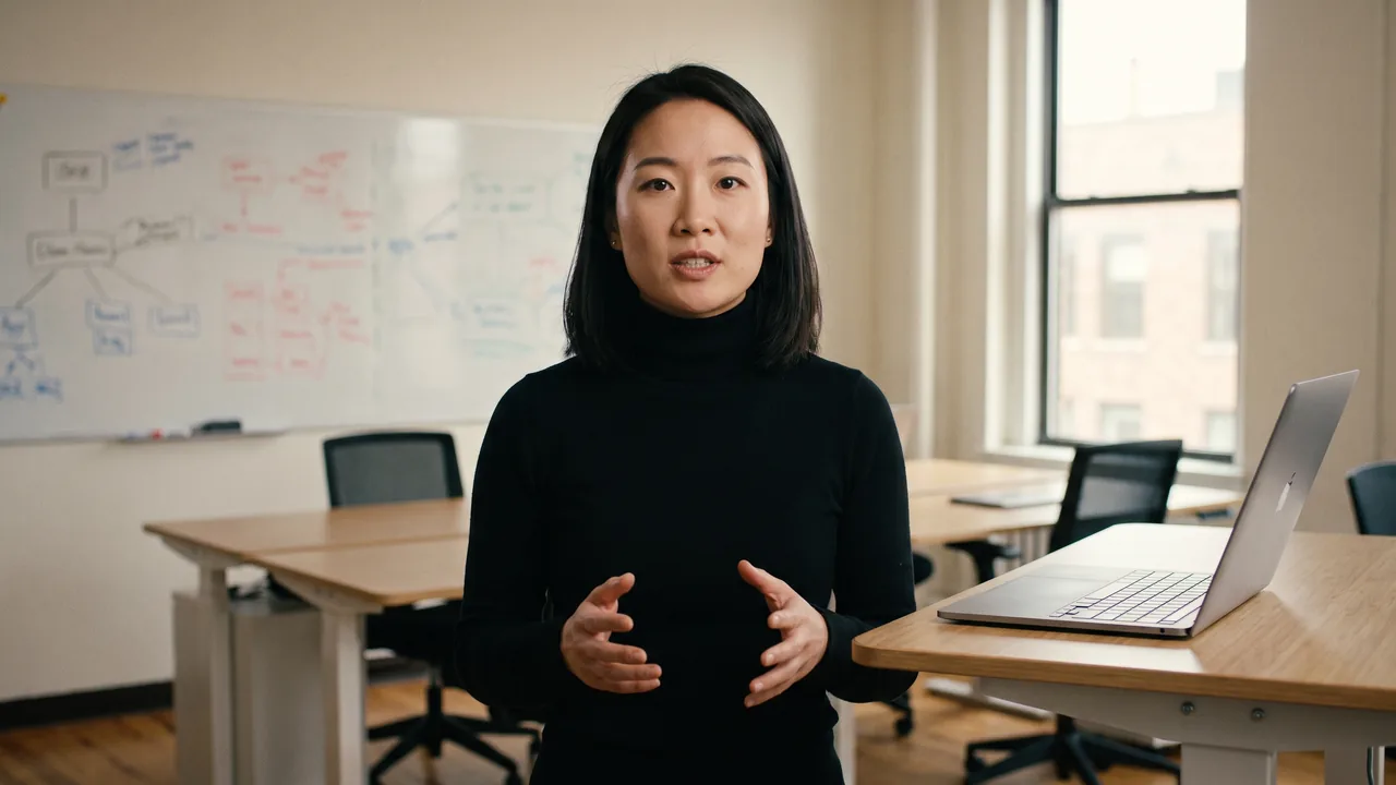 A software founder in a small startup office, explaining her product to the camera.