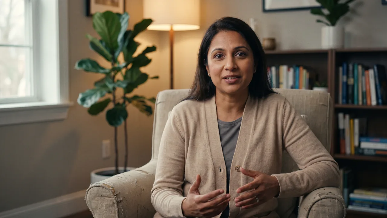 A therapist seated in a calm counselling room, looking steadily into the camera.