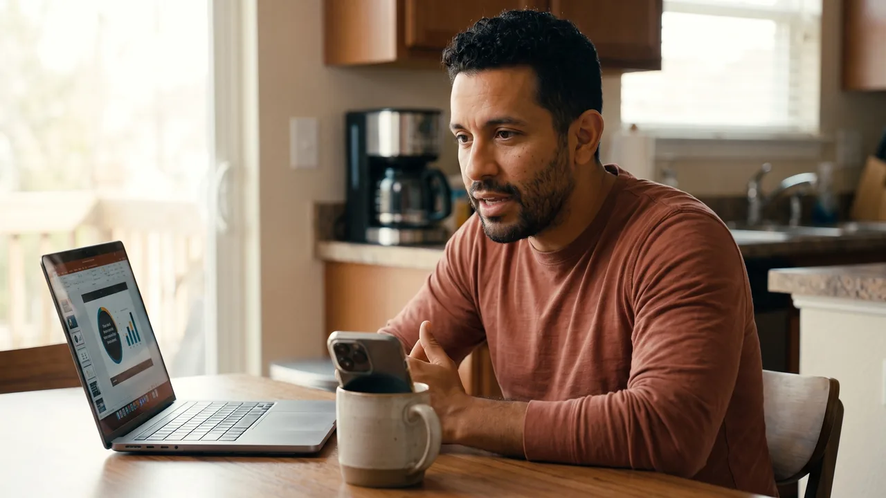 Luis, the course creator, at a kitchen table with a laptop, talking to a phone camera.