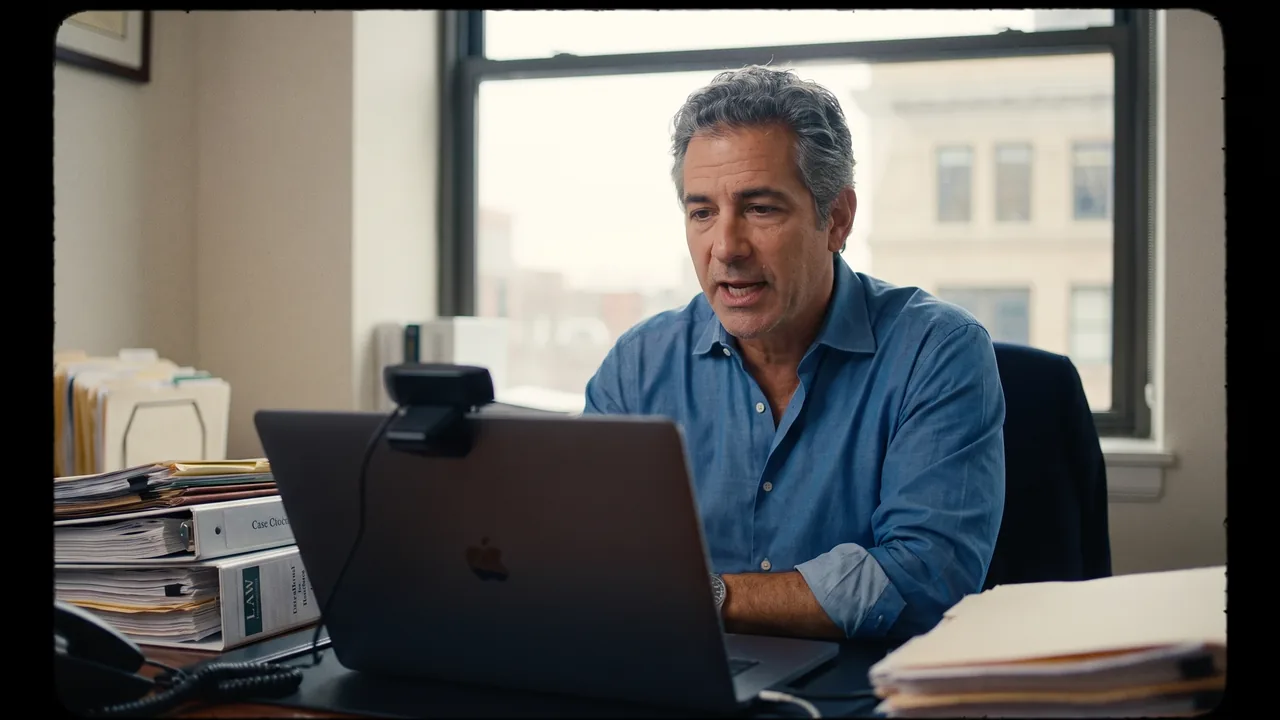 Alan, the lawyer, at his desk on a video call, sleeves rolled, speaking to a laptop webcam.