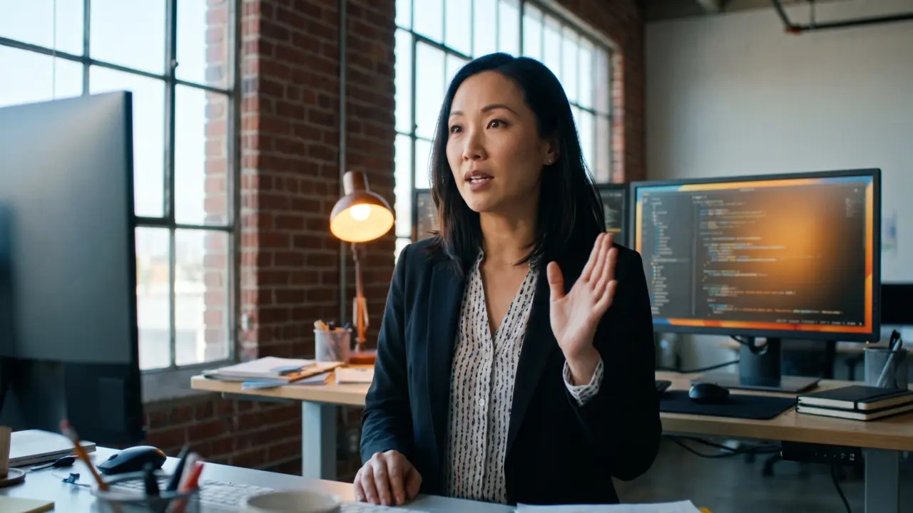 A software founder talking to the camera at a standing desk.
